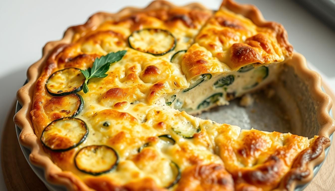 Easy Zucchini Quiche Recipe: Low-Carb & Gluten-Free Option 1 Sliced zucchini quiche with golden top and visible zucchini pieces