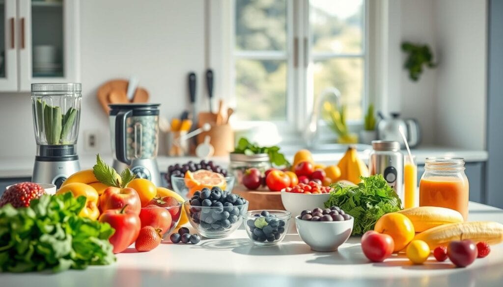 Smoothie prep station in bright natural light, with an assortment of colorful fresh fruits, leafy greens, and various mixing bowls, blenders, and utensils neatly arranged on a clean kitchen counter. The scene has a cheerful, health-conscious vibe, showcasing the ease and convenience of making nutritious smoothies for busy mornings. The camera angle is slightly elevated, providing a broad, inviting view of the workspace. Soft shadows and highlights create depth and dimension, highlighting the textures and vibrant hues of the ingredients. Smoothie prep station in bright natural light, with an assortment of colorful fresh fruits, leafy greens, and various mixing bowls, blenders, and utensils neatly arranged on a clean kitchen counter. The scene has a cheerful, health-conscious vibe, showcasing the ease and convenience of making nutritious smoothies for busy mornings. The camera angle is slightly elevated, providing a broad, inviting view of the workspace. Soft shadows and highlights create depth and dimension, highlighting the textures and vibrant hues of the ingredients.