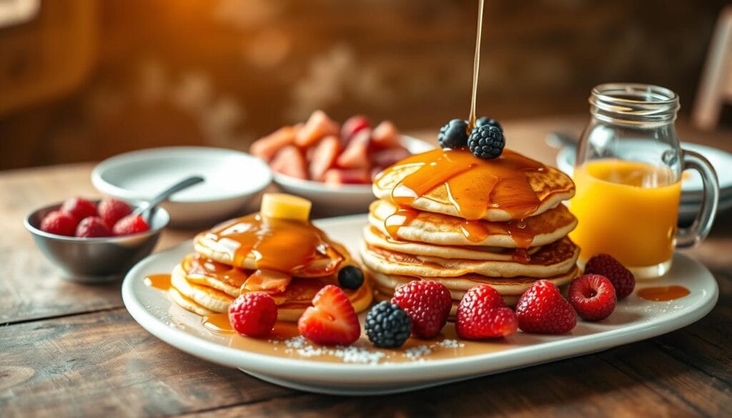 Steaming hot pancakes, fluffy and golden, drizzled with maple syrup, a stack of crisp bacon, and fresh berries artfully arranged on a rustic wooden table. A glass of freshly squeezed orange juice and a small pitcher of syrup complete the scene. The warm lighting casts a cozy glow, creating an inviting and family-friendly atmosphere. The image captures the joy and anticipation of a beloved breakfast tradition that will delight children and adults alike, setting the perfect mood for the start of a new school year.