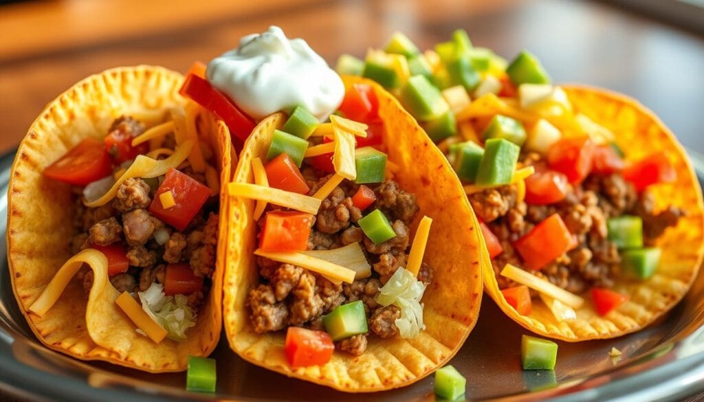 Steaming hot taco shells, freshly fried and golden-brown, sit atop a platter. Inside, a mouthwatering blend of seasoned ground beef, diced tomatoes, shredded lettuce, and a generous sprinkle of shredded cheddar cheese. Toppings of cool sour cream and diced avocado add a creamy contrast. The scene is bathed in warm, natural lighting, casting a cozy glow over the inviting tableau. The overall composition is simple yet appetizing, capturing the essence of a classic "Taco Tuesday" family meal.