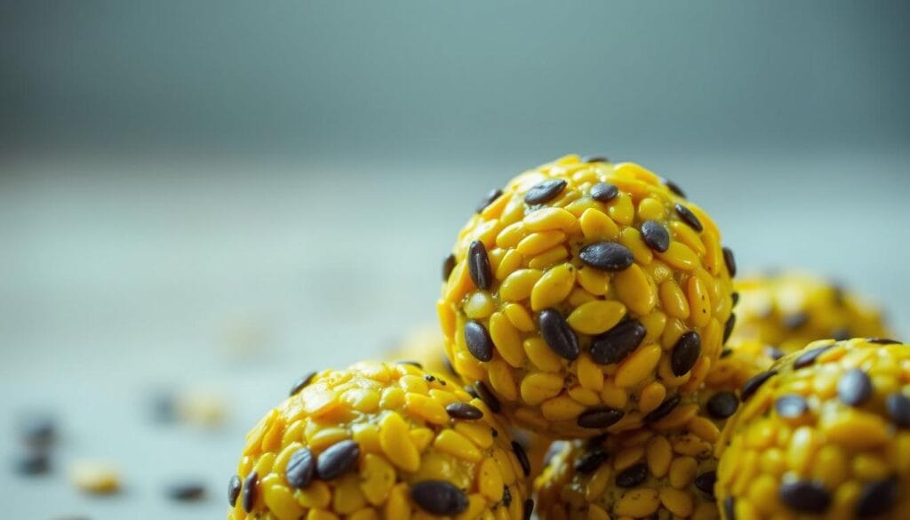 Sunflower seed energy bites, their vibrant yellow shells glistening under a soft, diffused light. A close-up view, showcasing the intricate texture and natural beauty of these wholesome snacks. In the foreground, several bites are arranged artfully, their surfaces peppered with tiny, dark seeds. The background is slightly blurred, creating a sense of depth and focus on the delectable treats. The overall mood is one of nourishment and simplicity, capturing the essence of a healthful, allergy-friendly option for school and playdates.