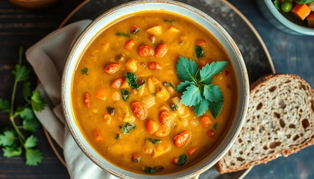 Turmeric lentil soup with vegetables in a bowl