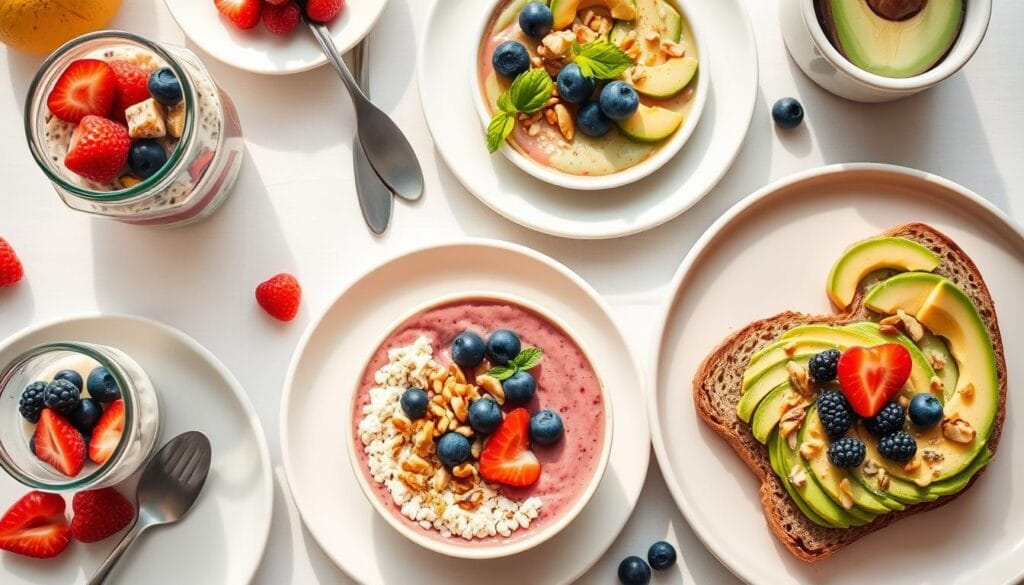Vegan breakfast spread with overnight oats, smoothie bowls, and avocado toast Vegan breakfast spread with overnight oats, smoothie bowls, and avocado toast