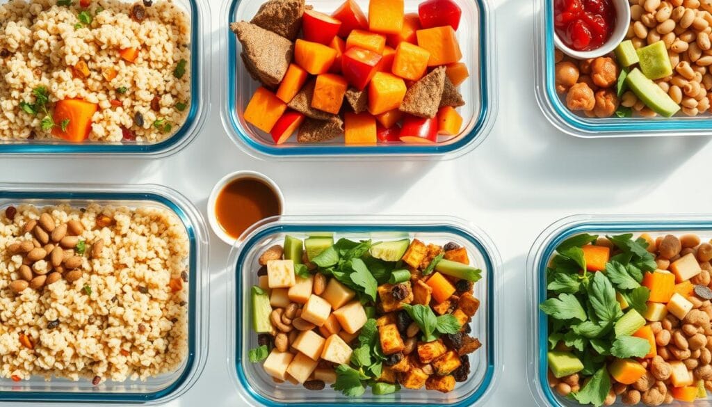 Vegan meal prep containers with various prepared ingredients Vegan meal prep containers with various prepared ingredients