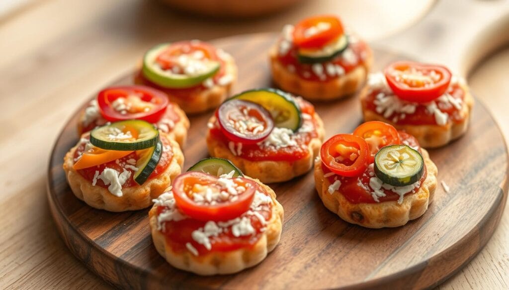 Veggie pizza bites, a tempting and nutritious snack. Bite-sized crusts, topped with vibrant tomato sauce, grated mozzarella, and an assortment of fresh vegetables - bell peppers, zucchini, and cherry tomatoes. The bites are arranged artfully on a wooden board, with a light, airy atmosphere and warm, soft lighting that enhances their appetizing appearance. The composition is balanced, with the bites taking center stage, surrounded by a minimal, minimalist background that allows the colors and textures to shine. The overall mood is inviting, encouraging the viewer to indulge in these delightful, vegetable-forward treats.