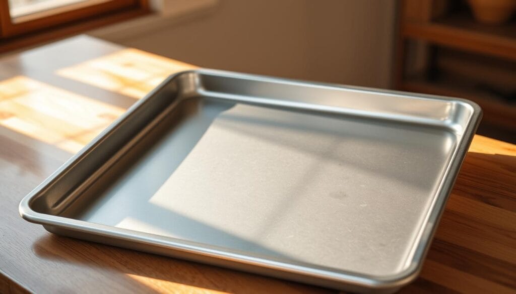 a high-quality, detailed image of a large stainless steel baking sheet or sheet pan, placed on a wooden kitchen counter or table. The baking sheet is pristine and freshly cleaned, with a slight reflective sheen. It is positioned at a slight angle, casting soft shadows on the counter surface. The lighting is natural, with warm, diffused sunlight filtering in through a nearby window, creating a cozy, inviting atmosphere. The baking sheet dominates the frame, filling the majority of the composition, with the background softly blurred to maintain focus on the subject. The overall impression is one of preparedness, functionality, and the anticipation of delicious baked goods. a high-quality, detailed image of a large stainless steel baking sheet or sheet pan, placed on a wooden kitchen counter or table. The baking sheet is pristine and freshly cleaned, with a slight reflective sheen. It is positioned at a slight angle, casting soft shadows on the counter surface. The lighting is natural, with warm, diffused sunlight filtering in through a nearby window, creating a cozy, inviting atmosphere. The baking sheet dominates the frame, filling the majority of the composition, with the background softly blurred to maintain focus on the subject. The overall impression is one of preparedness, functionality, and the anticipation of delicious baked goods.