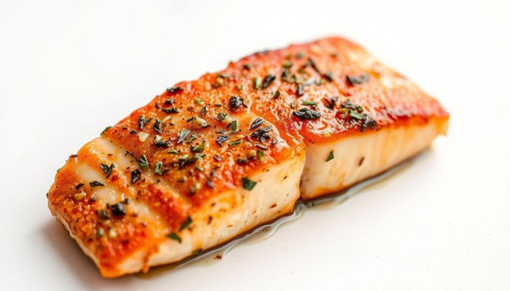 a mouth-watering air fryer salmon filet, perfectly cooked with a crispy golden-brown crust, set against a clean, minimalist background. the salmon is glistening with a delectable marinade, infused with aromatic herbs, garlic, and a hint of citrus. the lighting is soft and natural, creating a warm, inviting atmosphere. the composition places the salmon as the central focus, with a simple white or light gray backdrop to make the vibrant colors and textures pop. the overall mood is one of freshness, sophistication, and culinary excellence, reflecting the "best air fryer salmon marinade" highlighted in the article.