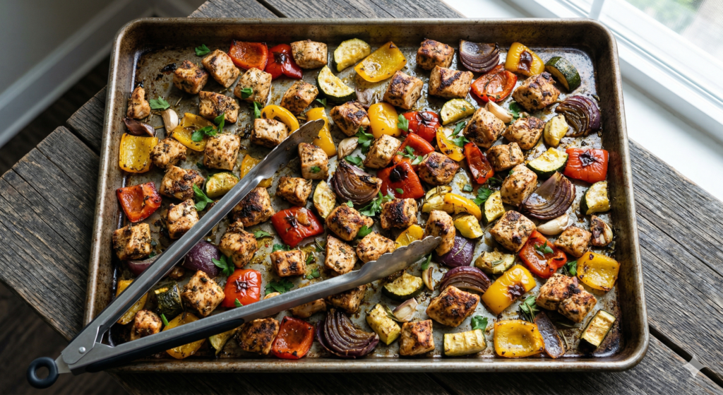 A close-up of a messy but appetizing sheet pan filled with browned chicken and caramelized Mediterranean vegetables, being tossed by the tongs held by the recurring hand seen in image_11.png