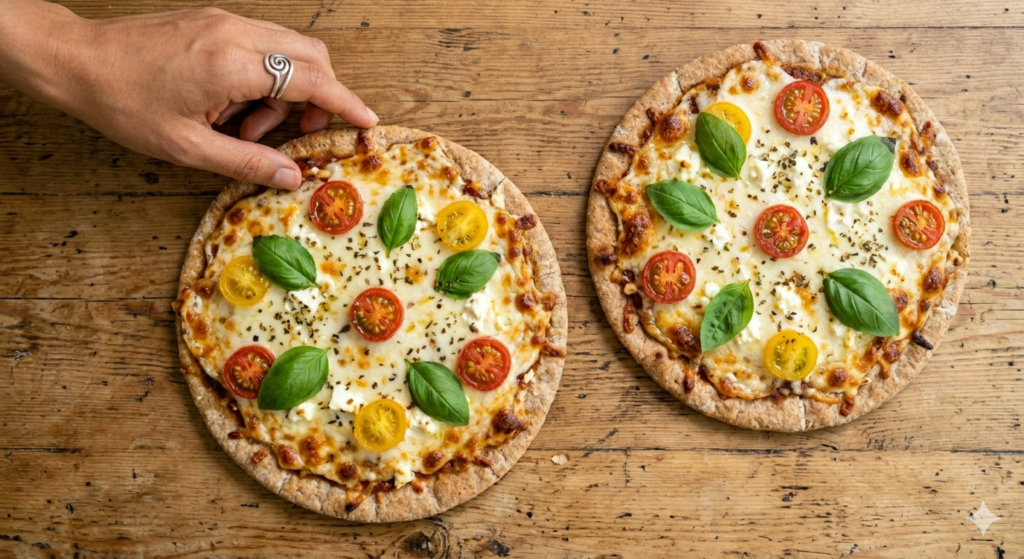 A top-down shot of two golden-brown whole wheat pita pizzas topped with tomatoes, melting mozzarella/feta cheese, and basil, with the hand with the recurring silver ring from image_12.png reaching in