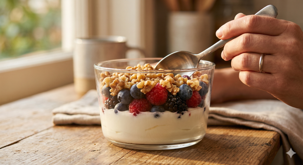 Close-up of a vibrant ceramic bowl of 15-minute Mediterranean chickpea salad with cucumbers, tomatoes, feta, and the hand with the recurring silver r