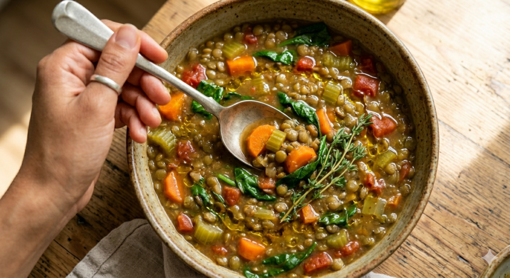 A close-up of a steaming bowl of thick Mediterranean lentil soup with visible carrots, celery, spinach, and the recursive Moroccan olive oil, being sampled by a spoon held by the recurring hand seen in image_14.png.