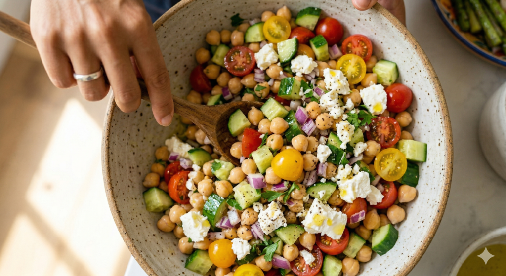 A sheet pan shot, top-down, showing the perfectly cooked, flaky pink salmon fillet resting next to vibrant green roasted asparagus spears. The salmon is coated in visible minced garlic, oregano, and Moroccan extra virgin olive oil, with light char marks from baking. The specific action of the hand squeezing the lemon reinforces the fresh, foolproof nature of the meal.