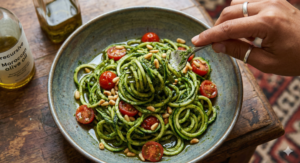Close-up of a shallow ceramic bowl of spiralized zucchini noodles (zoodles) coated in green basil pesto, with halved red tomatoes and toasted pine nuts, being wound with a fork by the recurring hand seen in image_13.png