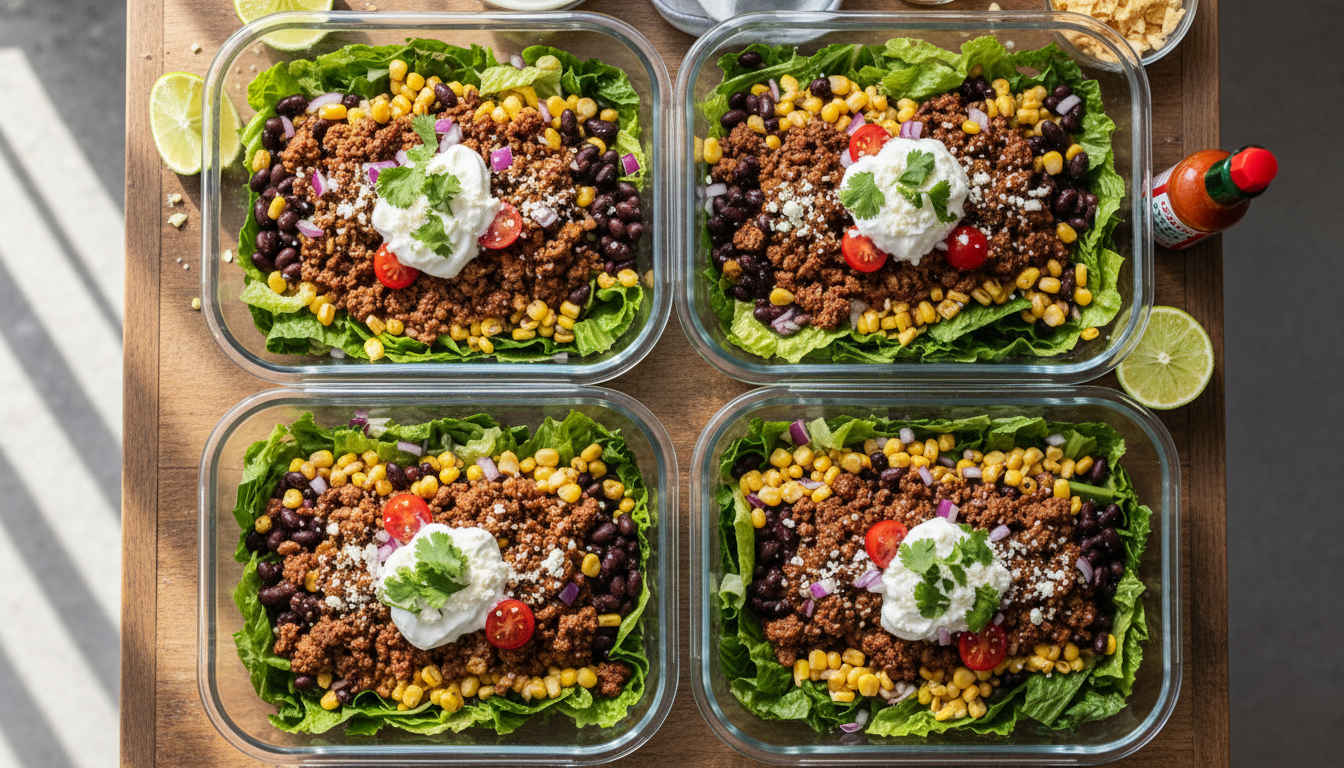 Healthy Taco Salad Meal Prep with Ground Beef in 30 Min